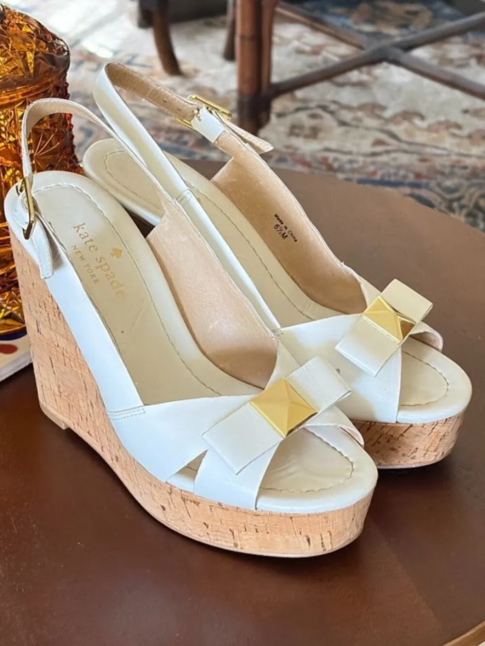 Kate Spade Devi Leather And Cork Platform Bow Sandals White 6.5